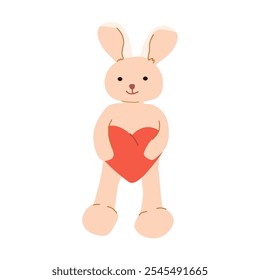 Cute cartoon bunny holding heart: love and friendship theme.