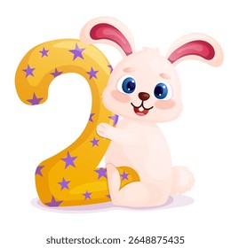 Cute cartoon bunny holding number 2. Adorable animal character for kids birthday party invitation and greeting card design