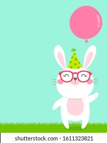 Cute cartoon bunny illustration with copy space for birthday or baby shower invitation card design.