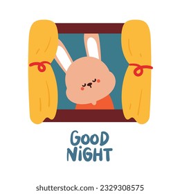 cute cartoon bunny inside the window. cute good night card for kids, card