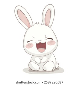 Cute cartoon bunny with joyful expression, sitting happily. This adorable character features large ears and fluffy tail, perfect for children illustrations or playful designs