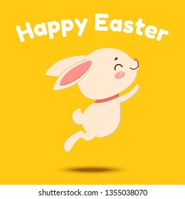 Cute cartoon bunny is jumping and smiling. Isolated on yellow background.