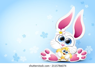 Cute cartoon Bunny with little funny chick in his handswith flowers
