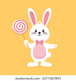 Cute cartoon bunny with lollipop isolated flat vector illustration