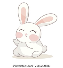 Cute cartoon bunny with long ears and rosy cheeks, sitting happily. This adorable character brings joy and warmth to any design