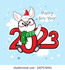 Cute cartoon bunny and numbers 2023. Vector illustration of kawaii style. Chinese symbol new year