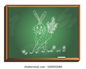 Cute cartoon bunny on chalkboard, rabbit holding carrot. funny wild animal,hand drawn vector illustration