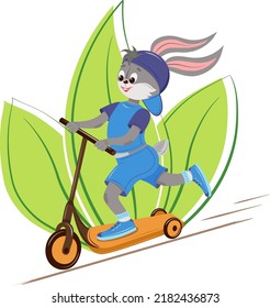 Cute cartoon bunny on a scooter against a background of green leaves. Flat cartoon vector illustration, isolated on white background. T-shirt design for kids, invitation or holiday card template.