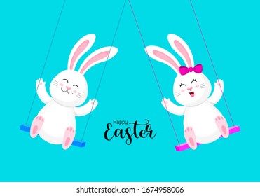 Cute cartoon bunny on swing. Happy Easter day concept. Cartoon character design. Vector illustration isolated on blue background.