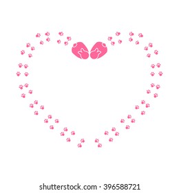 Cute Cartoon Bunny Paw Print On White Background. Vector Animal Footprint Border. Heart Shaped Photo Frame In Pink Color.  View From Above On Animal Trace, Cartoon Stylized, Minimalistic Design.