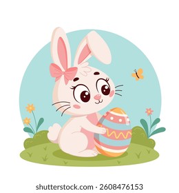 Cute cartoon bunny with a pink bow sitting on grass and holding a decorated Easter egg. Flowers, butterfly, and bright spring colors. Vector illustration.