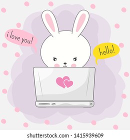 Cute cartoon  bunny playing in computer game through the Internet. Graphic element for print design, greeting card, poster and t-shirt.