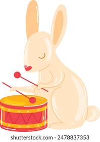 Cute cartoon bunny playing drum, musical rabbit illustration. Beige rabbit red heart nose using drumsticks yellow drum. Happy cartoon character enjoying music isolated white background