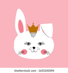 Cute cartoon bunny princess.  Greeting card with charming face rabbit on pink background. Vector illustration.
