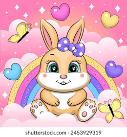 A cute cartoon bunny with a purple bow sits in the clouds. Vector illustration of an animal with butterflies, hearts, rainbow, clouds on a pink background. svg