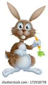 Cute cartoon bunny rabbit or Easter bunny holding a carrot and looking at viewer