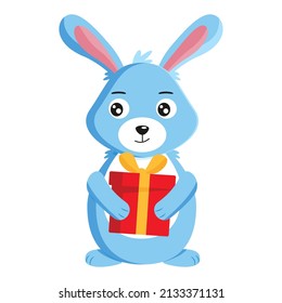 Cute cartoon bunny or rabbit with gift box isolated on white background. Cute animals. Vector illustration