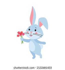 Cute cartoon bunny or rabbit. Hare dances with a bouquet of pink flowers in his hand. Printing for children's greeting cards, posters. Hand-drawn vector stock illustration isolated on a white. 