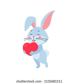 Cute cartoon bunny or rabbit. Hare with heart in his hands. Printing for children's T-shirts, greeting cards, posters. Symbol of the year 2023. Hand-drawn vector stock illustration isolated on a white