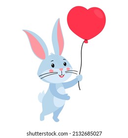 Cute cartoon bunny or rabbit. Hare with a heart-shaped balloon in his hands. Symbol of the year 2023. Hand-drawn vector stock illustration isolated on a white background