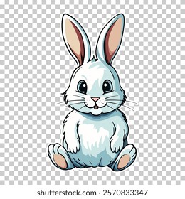 Cute cartoon bunny rabbit illustration, perfect for stickers, kids' prints, and Easter decorations. Adorable and charming design with big eyes and playful expression. High-quality vector graphics