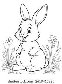 Cute cartoon bunny rabbit sitting amongst flowers and grass. Black and white line art illustration for Easter or children's coloring book. Happy spring bunny.