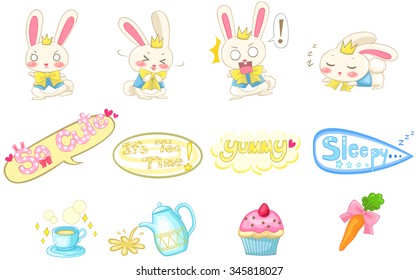 Cute cartoon bunny rabbit in various action and expression and tea shop food and bakery cafe restaurant with decorated stylish text icon collection set, create by vector