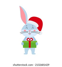 Cute cartoon bunny or rabbit.Hare in a Santa Claus hat waves and holds a gift. Printing for children's T-shirts, greeting cards, posters. Hand-drawn vector stock illustration isolated on a white