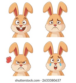 Cute cartoon bunny rabbits with big ears showing different emotions: happy, sad, angry with steam, and crying with tears, all on a clean white background.
