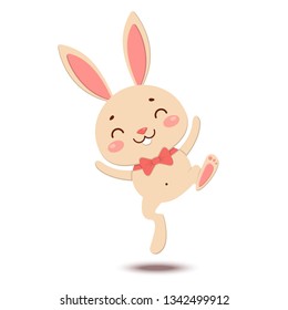 A cute cartoon bunny in a red bow tie is jumping, dancing and smiling. Isolated on white background
