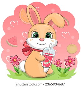 Cute cartoon bunny with a red bow and watermelon juice. Vector illustration of an animal on a pink background with fruits and hearts.