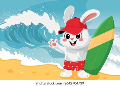Cute cartoon bunny in red cap holding surfboard on tropical beach with big wave splash. Fun summer travel, surfing holiday, kids vacation concept. Horizontal vector illustration.