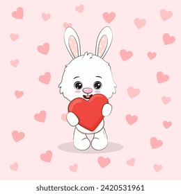 Cute cartoon bunny with red heart isolated on pink background with hearts. Postcard for Valentine's Day, Mothers day. Vector illustration