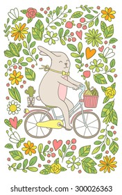 Cute cartoon bunny riding bicycle with fruits and cactus. Adorable animal vector clip art image for your poster, t-shirt design or postcard.