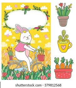 Cute cartoon bunny riding bicycle with carrots and cactus. Adorable animal vector clip art image for your poster, t-shirt design or postcard.