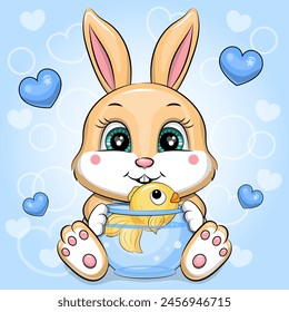 Cute cartoon bunny with a round aquarium and goldfish. Vector illustration of an animal on a blue background with hearts.