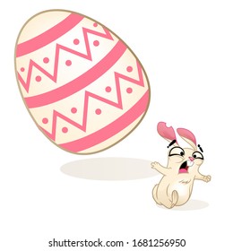 Cute cartoon bunny is running away from a huge easter egg