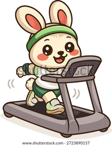 Cute cartoon bunny running on treadmill. Happy rabbit doing cardio workout.