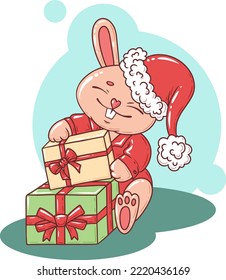 Cute cartoon bunny in Santa Claus hat hugs Christmas gifts.