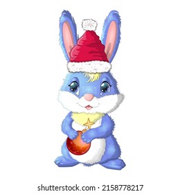 Cute cartoon bunny in santa hat with christmas ball. Winter 2023, Christmas and New Year.