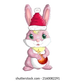 Cute cartoon bunny in santa hat with christmas ball. Winter 2023, Christmas and New Year.