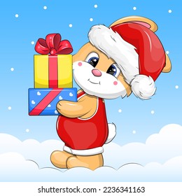 Cute cartoon bunny in Santa hat holding christmas gifts. Festive vector illustration of an animal on a blue background with snow.