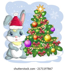 Cute cartoon bunny in Santa's hat near the decorated Christmas tree. Winter 2023, Christmas and New Year.