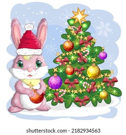 Cute cartoon bunny in Santa's hat near the decorated Christmas tree. Winter 2023, Christmas and New Year.