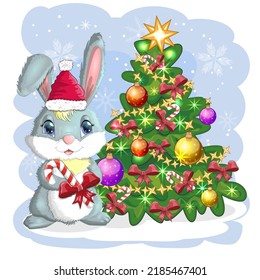 Cute cartoon bunny in Santa's hat near the decorated Christmas tree. Winter 2023, Christmas and New Year.