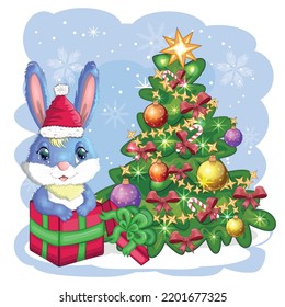 Cute cartoon bunny in Santa's hat near the decorated Christmas tree. Winter 2023, Christmas and New Year.