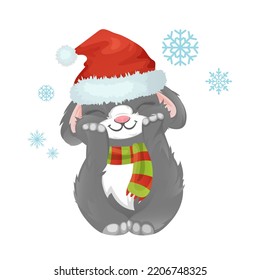 Cute cartoon bunny in Santa's hat. New Year's rabbit. 