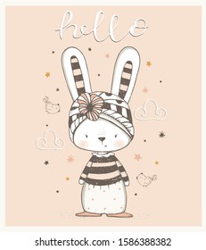 Cute cartoon Bunny say hello. hand drawn vector illustration. Can be used for baby t-shirt print, fashion print design, kids wear, baby shower celebration greeting and invitation card.