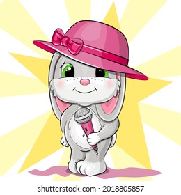 Cute cartoon bunny singer with microphone and pink hat. Vector illustration of an animal.