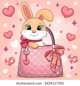 Cute cartoon bunny sits in a woman's bag. Vector illustration of an animal on a pink background with hearts.